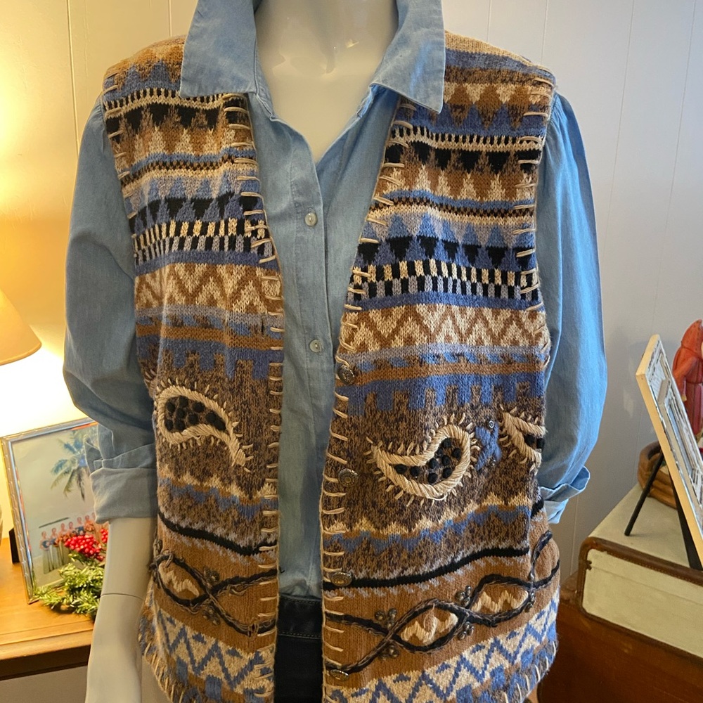 Patterned Knit Vest with Blue Shirt